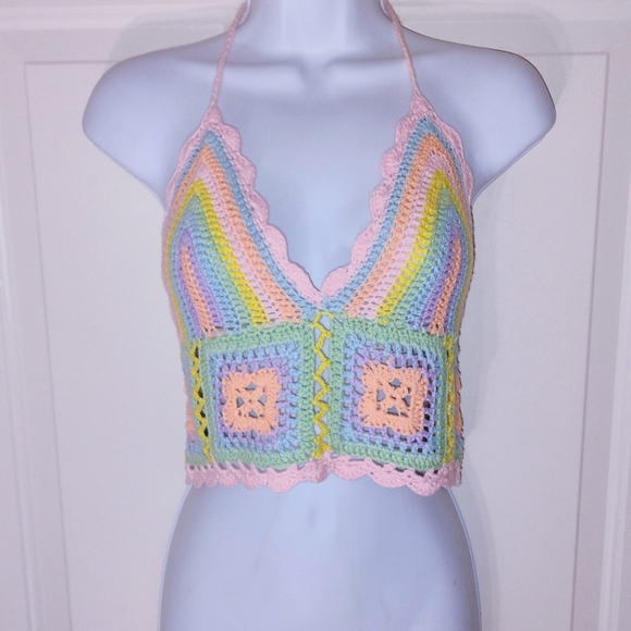 WoWo Pastel Crochet Rainbow Halter Top - Picture 2 of 6